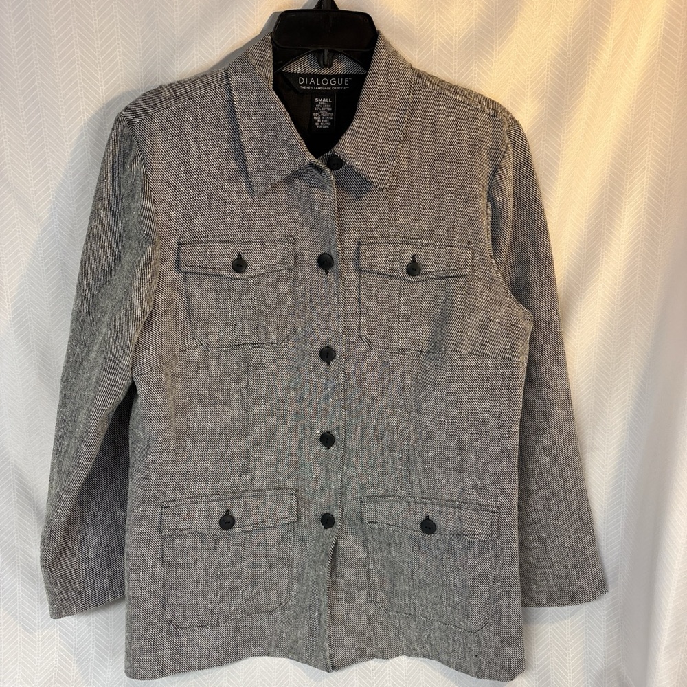 Dialogue Women linen-cotton blend Safari jacket black/white herringbone size S